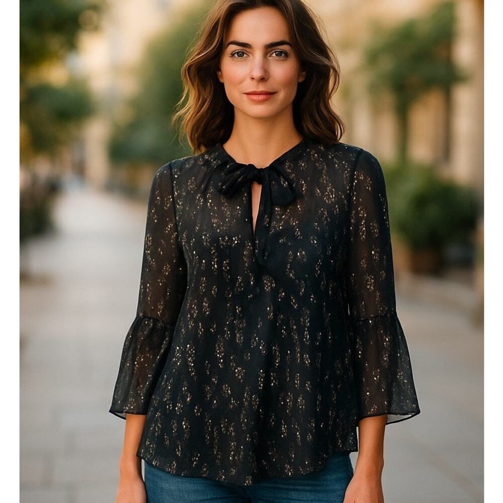 Lily Pulitzer Womens Size XS Black Sheer Gold Inlay Long Sleeve Blouse Top